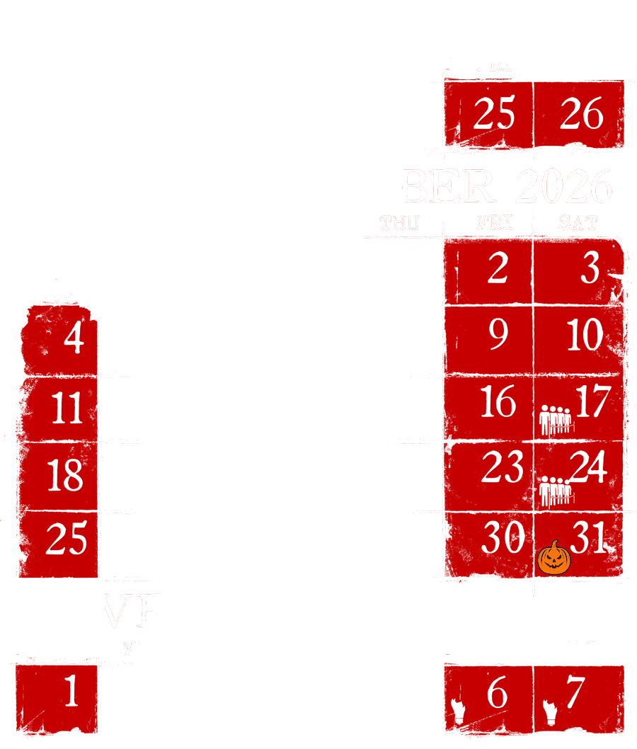 2026 operating calendar: September 25–26; October 2–4, 9–11, 16–18, 23–25, 30–31; November 1, 6–7. Blackout November 6–7. Longer lines October 17 and 24.